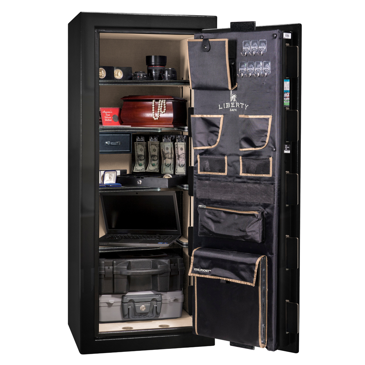 Premium Home Series | Level 7 Security | 2 Hour Fire Protection | 17 | Dimensions: 59.25"(H) x 24"(W) x 20.25"(D) | Black Gloss Brass - Open Door