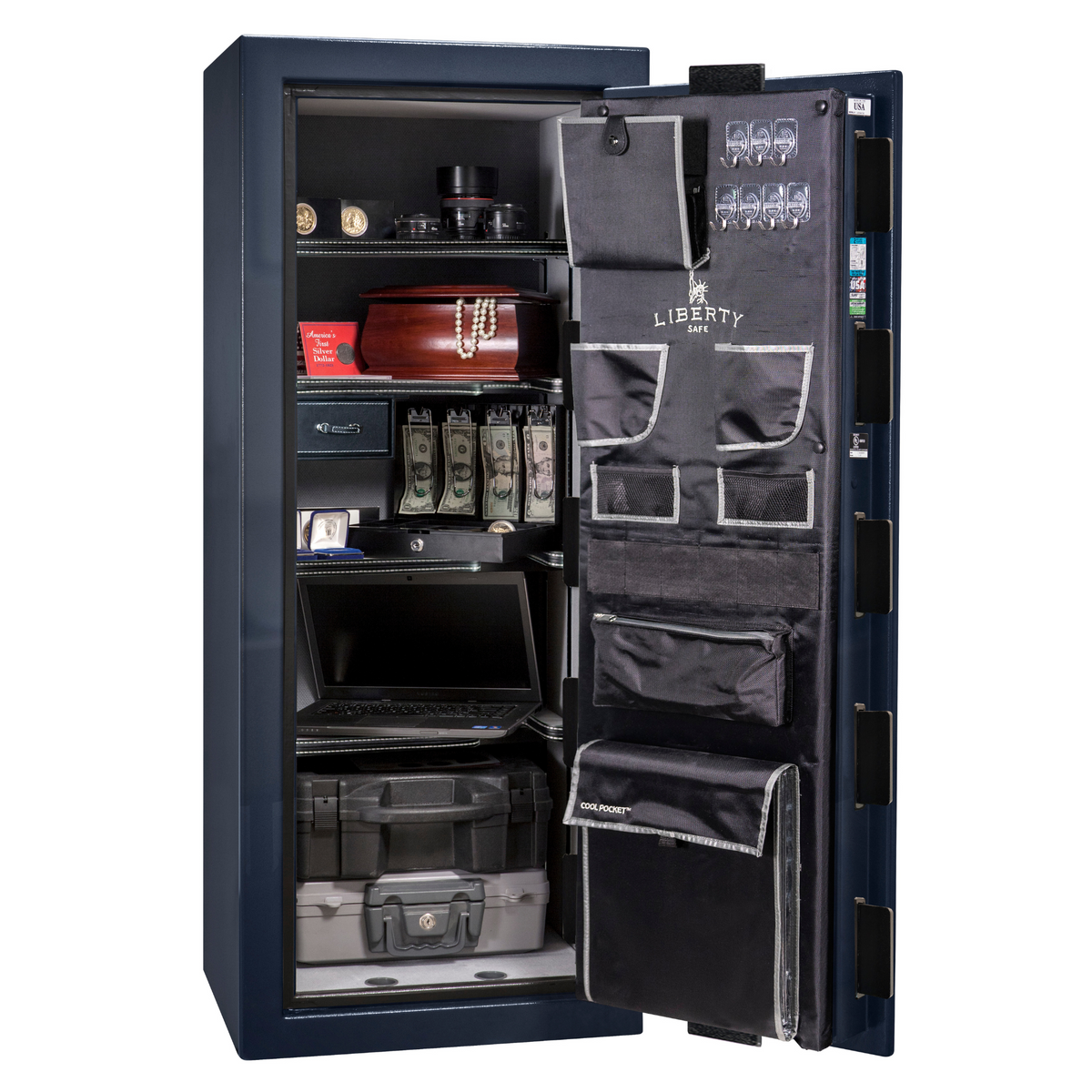 Premium Home Series | Level 7 Security | 2 Hour Fire Protection | 17 | Dimensions: 59.25"(H) x 24"(W) x 20.25"(D) | Blue Gloss - Open Door