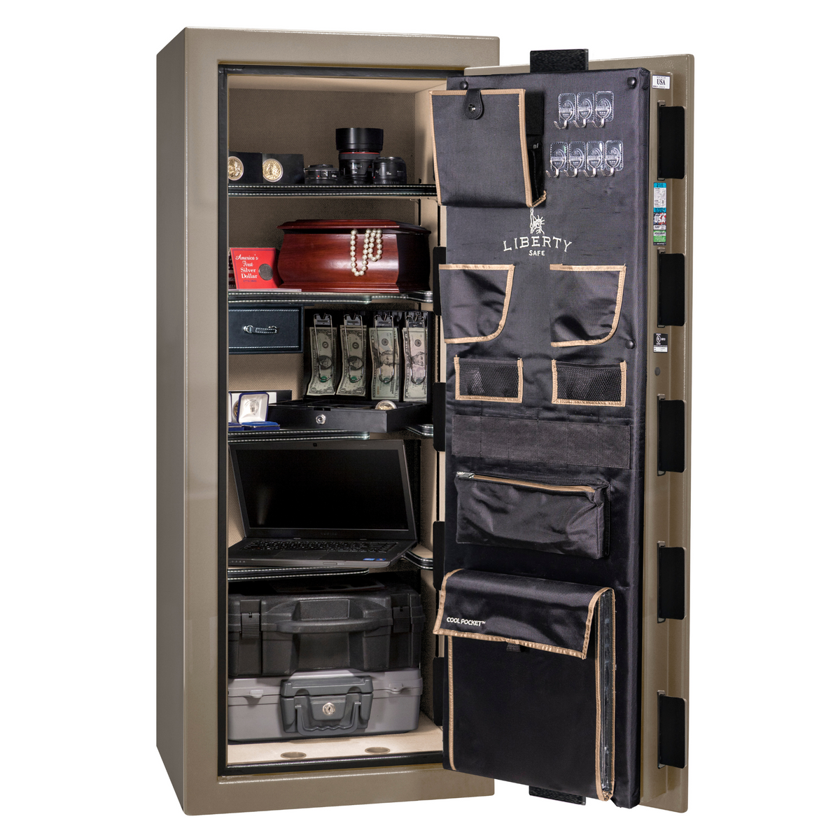 Premium Home Series | Level 7 Security | 2 Hour Fire Protection | 17 | Dimensions: 59.25"(H) x 24"(W) x 20.25"(D) | Champagne Gloss Chrome - Open Door