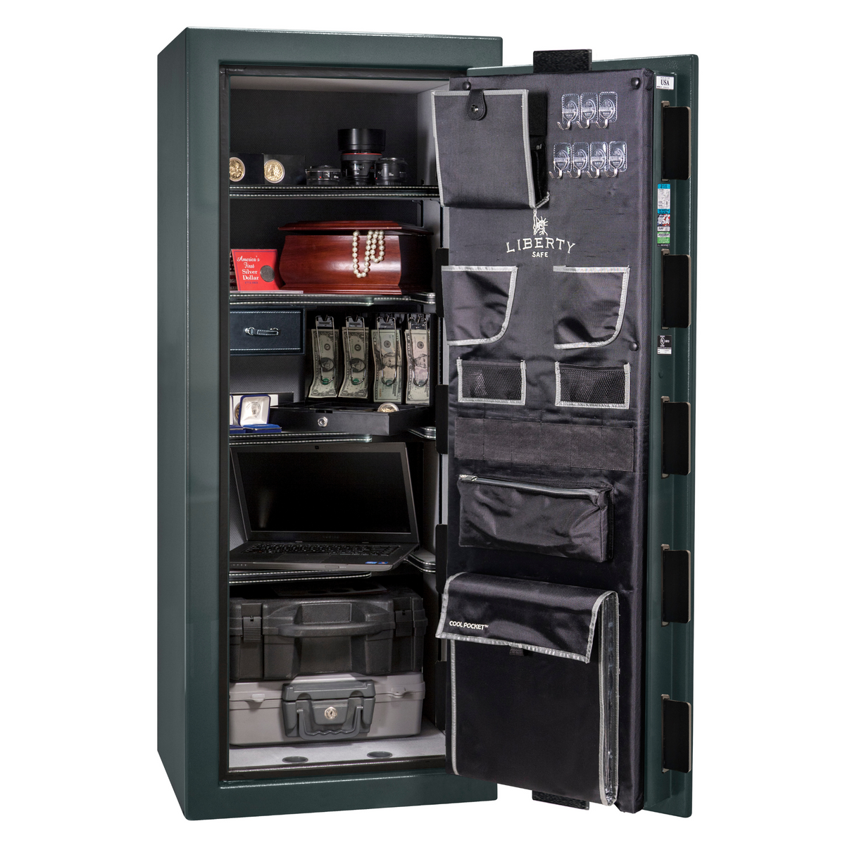 Premium Home Series | Level 7 Security | 2 Hour Fire Protection | 17 | Dimensions: 59.25"(H) x 24"(W) x 20.25"(D) | Forest Mist Gloss - Open Door